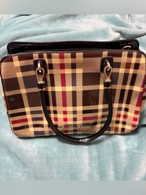 Plaid Patent Tote with Black Handles and Gold Hardware